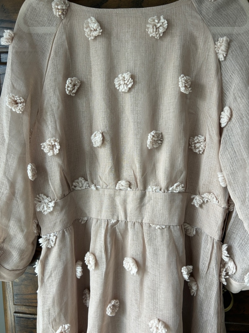 Listicle Boho Blush 3/4 Sleeve Button-Front Dress with Pom-Pom Details, Size L - Picture 12 of 12